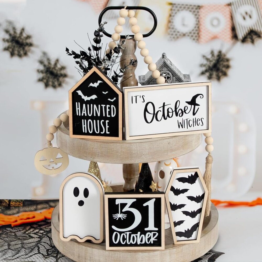 6PCS Halloween Decor Set-Bat Coffin, Haunted House, Witches, Ghost, Bead Garland